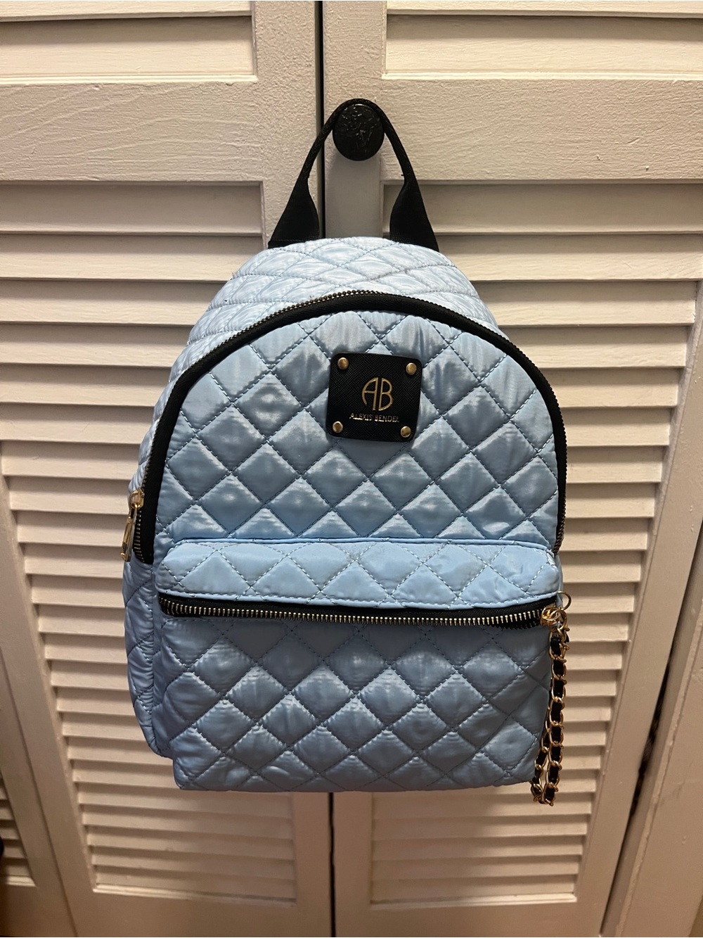 AB Studio Light Blue Quilted Mini Backpack with Gold Accents